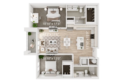 Floor plan for 2 beds, 2 baths, 1119 sqft